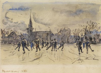 Johan Barthold Jongkind: Skaters in Front of a City Silhouette with Church Tower by Johan Barthold Jongkind